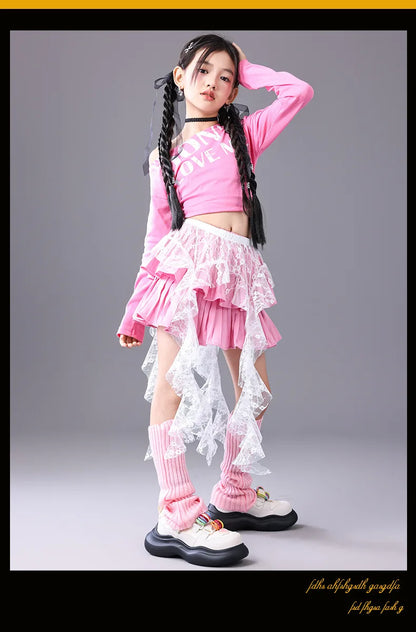 Girls Hip Hop Off Shoulder Crop Top ‌Street Dance Skirts Cargo Pants Children Streetwear Jeans Kids K-pop Girl Group Clothes Set