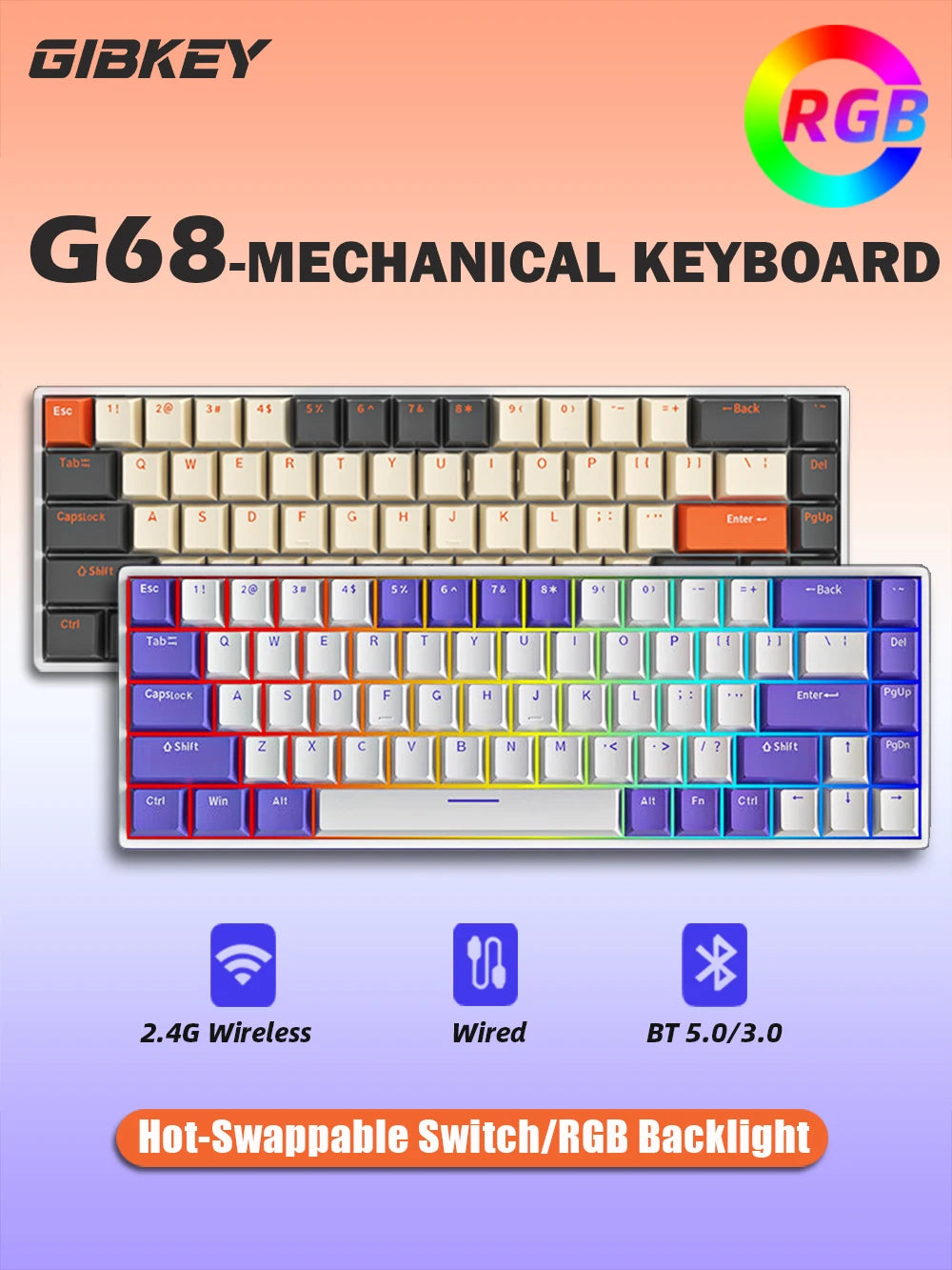 G68 Gaming Mechanical keyboard Wireless/Bluetooth Hot-Swappable 65% Keyboards Customized RGB Backlit for Gamer Tablet Computer