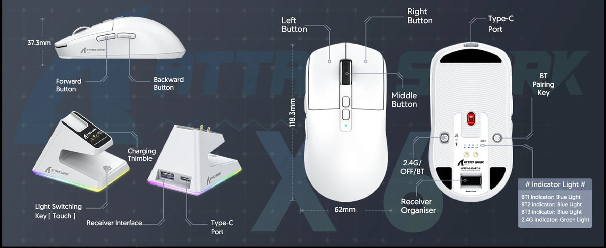 ATTACK SHARK X6 Lightweight Wireless Gaming Mouse with RGB Backlight Charging Base,Tri-Mode,26K DPI, PAW3395 Optical Sensor