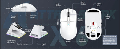 ATTACK SHARK X6 Lightweight Wireless Gaming Mouse with RGB Backlight Charging Base,Tri-Mode,26K DPI, PAW3395 Optical Sensor