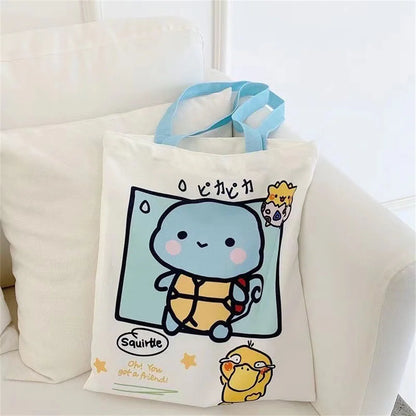 Pikachu Pokemon Canvas Tote Kawaii Psyduck Cute Autumn/Winter Daily Portable Handbag Shopping Grocery Reusable School Gifts ﻿