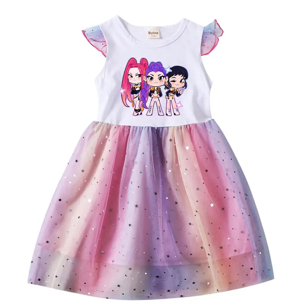 Girls' K-Pop Hunters "Chibi Rainbow" Princess Dress: Flying Sleeve Tutu with Star Sequins