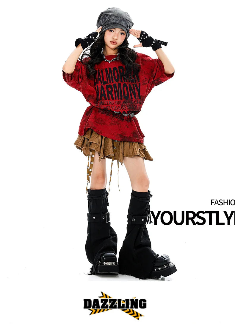 Girls Hiphop Group Jazz Dance Performance Clothes Loose Short Sleeve Top Pants Street Dance Costumes Wear