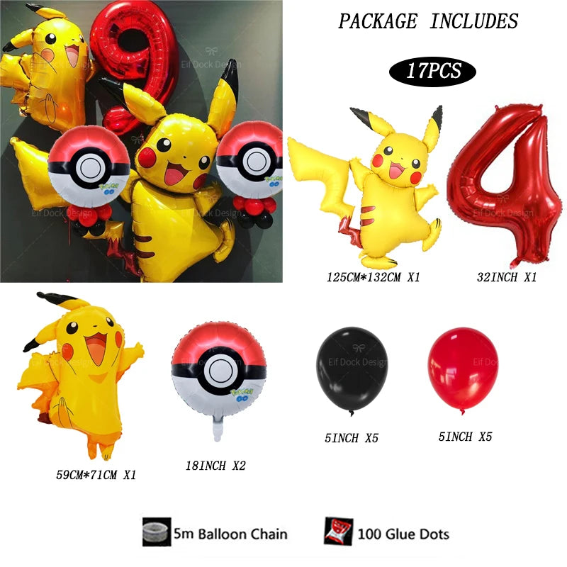 17pcs Pokemon Pikachu Theme Suit Balloon 40inch Red Number 1-9Foil Balls Children Birthday Party Decora Supplies Baby Shower