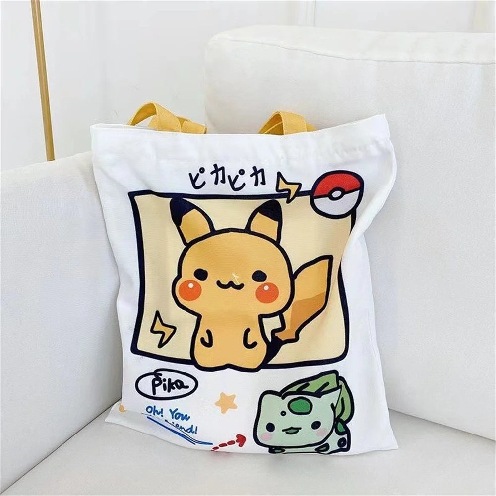 Pikachu Pokemon Canvas Tote Kawaii Psyduck Cute Autumn/Winter Daily Portable Handbag Shopping Grocery Reusable School Gifts ﻿