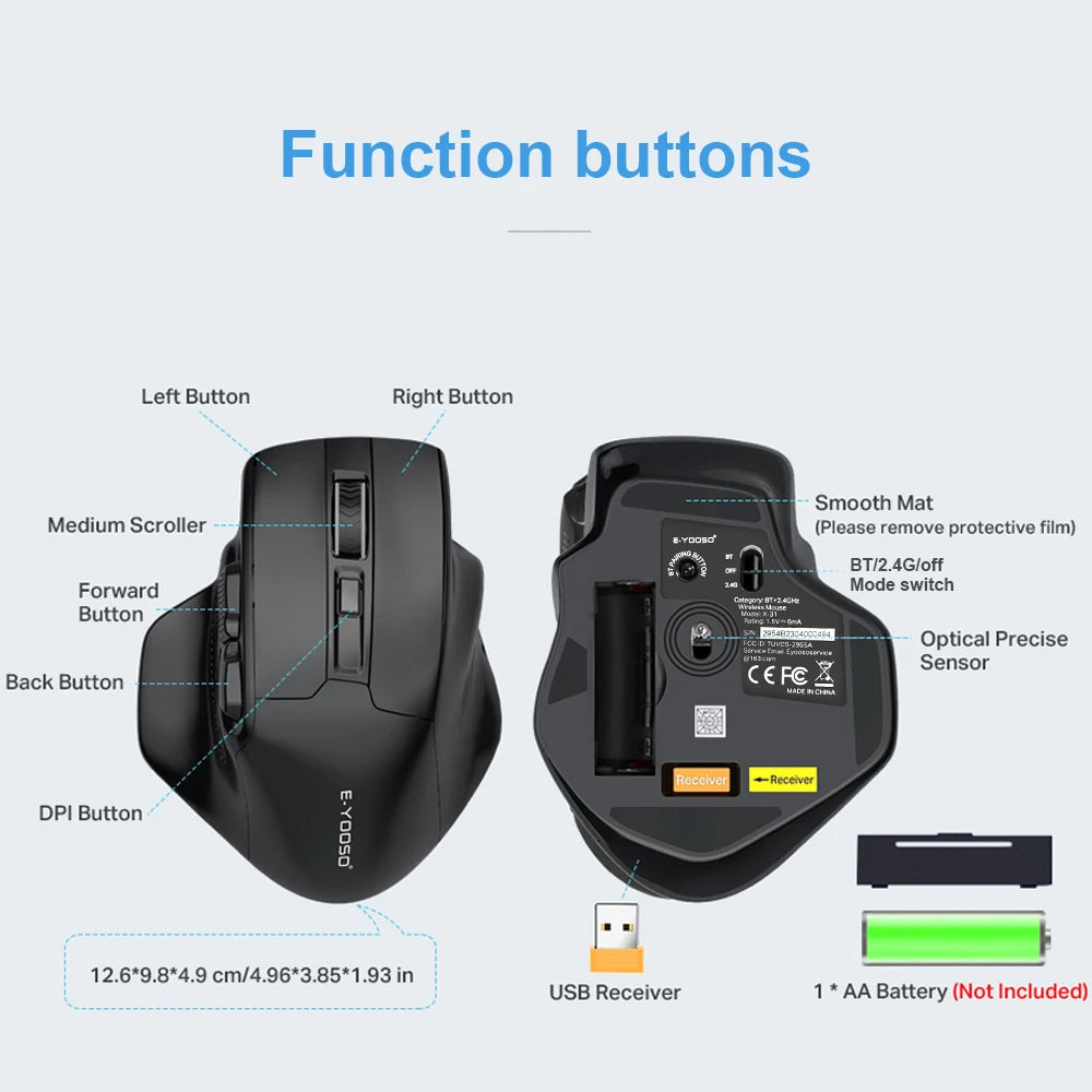 E-YOOSO X-31 Pro USB Gaming Large Mouse Support Bluetooth 2.4G Wireless PAW3212 4800 DPI for gamer Mice computer laptop PC