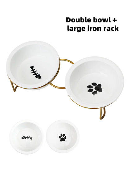 1 Set Elevated Ceramic Cat Bowls 1 Set Non-Slip Ceramic Cat Food And Water Bowls With Iron Bracket, Elevated Tilted Cat Feeder