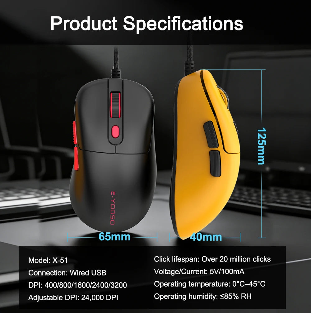 E-YOOSO X-51 USB Wired Gaming Mouse 24000 DPI 6 buttons programmable game Optical mice for Computer PC Laptop