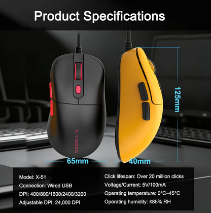 E-YOOSO X-51 USB Wired Gaming Mouse 24000 DPI 6 buttons programmable game Optical mice for Computer PC Laptop