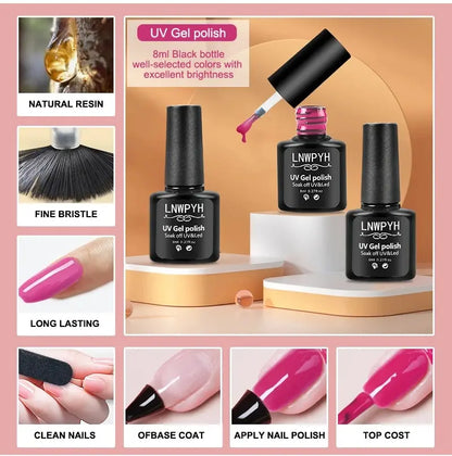 LNWPYH Gel Nail Polish Set Nail Gel Kit 26 Color Semi Permanent UV Led Gel Varnish Soak Off Nail Lacquers Base Coat Top Coat Kit