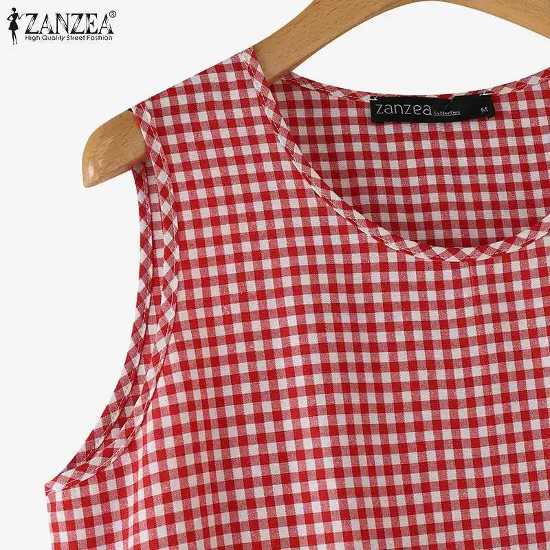 ZANZEA Summer Plaid Checked Sundress Bohemain Holiday Dresses Women Elegant O Neck Sleeveless Dress Casual Baggy Work Vestidos