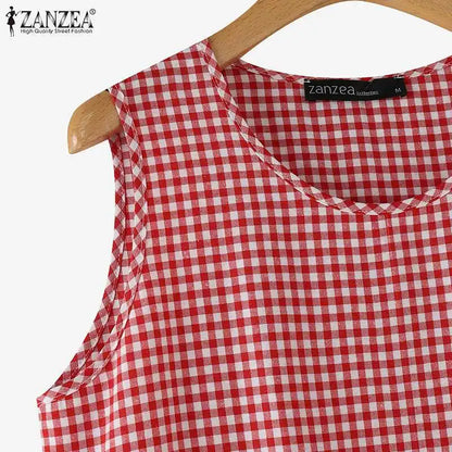 ZANZEA Summer Plaid Checked Sundress Bohemain Holiday Dresses Women Elegant O Neck Sleeveless Dress Casual Baggy Work Vestidos
