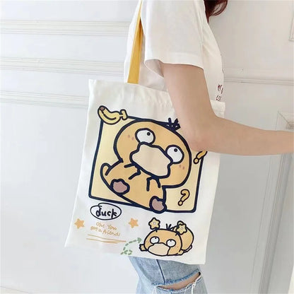 Pikachu Pokemon Canvas Tote Kawaii Psyduck Cute Autumn/Winter Daily Portable Handbag Shopping Grocery Reusable School Gifts ﻿