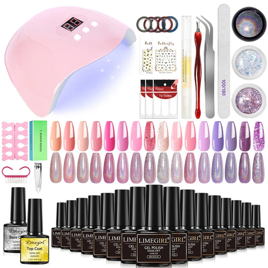 LIMEGIRL 8ML Gel Nail Polish Kit Semi-Permanent Soak Gel Varnish Base Coat Polishing Tool with UV LED Light Nail Gel Kit
