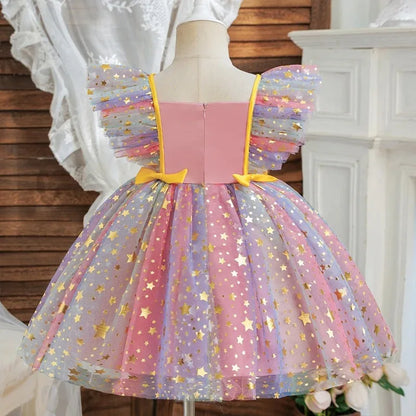 Girls' K-Pop HUNTRX "Holiday Star" Tutu Dress: Rainbow Tulle Gown with Gold Sequins & Ruffle Wings