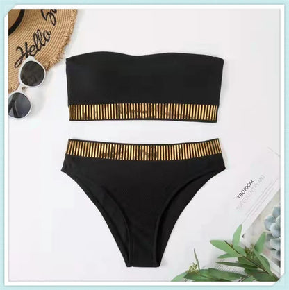 Sexy Bandeau High Waist Bikini 2023 Women Triangle Swimsuit Stitch Detail Swimwear Padded Bathing Suit Female Solid Beachwear