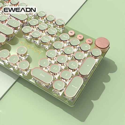 EWEADN V20 Mechanical Keyboard Wired Cute 104 Keys Round Keycaps Gaming Keyboard Retro Punk White Backlit Office Computer Mute