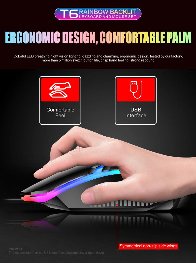Milang Rainbow Backlit Gaming Combo: Ergonomic Wired Keyboard & Mouse Set