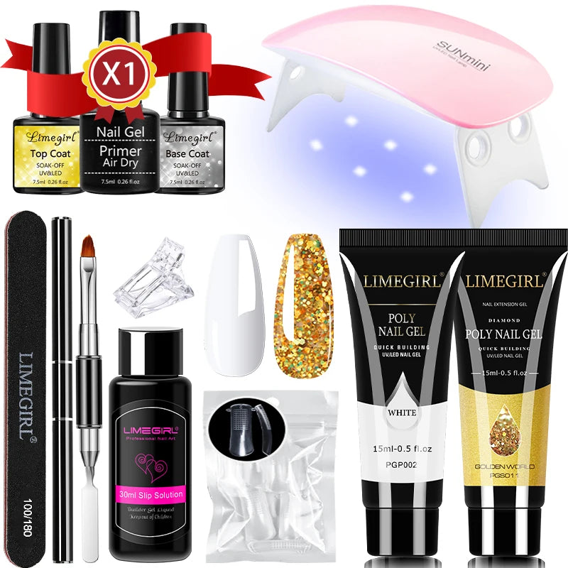 LIMEGIRL 15ml Nail Extension Gel Set with UV LED Light Nail Thickening Sequin Glitter Gel Set Vernis Semi-Permanent Manicure Kit
