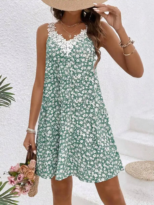 Women Dress Floral Lace Trim Spaghetti Strap A Line Mini Dress Boho Spring Summer Romantic Beach Vacation Flowy Comfy Outfit