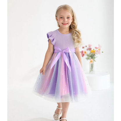 Girls' HUNTRX Rainbow Tulle Princess Dress: Sequin Star & Chibi Idol Party Gown