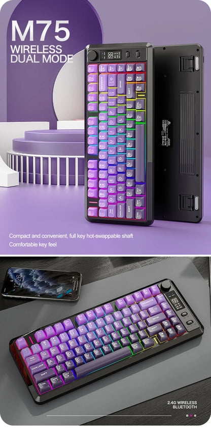 FREEWOLF M75 Wireless Keyboard, Bluetooth Dual-mode, PBT Gradient Ball Cap, With Display Screen, Gaming Keyboard