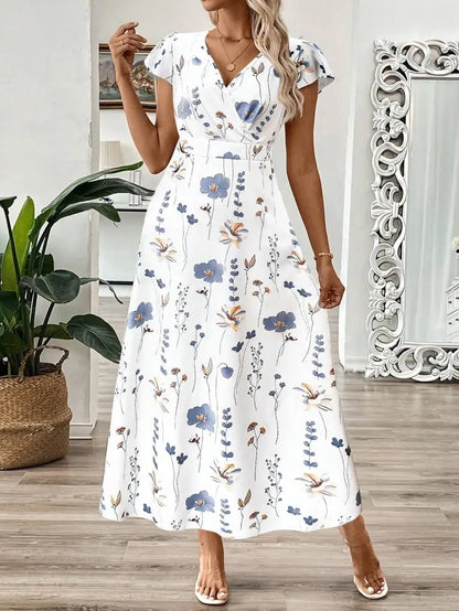 Women's V-Neck Leaf Floral Print Long Dress, A-Line Waist Cinched Dress For Summer Women Summer Clothing