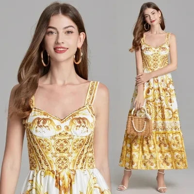Women's V-Neck Red Blue and White Print Spaghetti Strap Holiday Maxi Dress Summer Runway Floral Print Vacation Long Robes