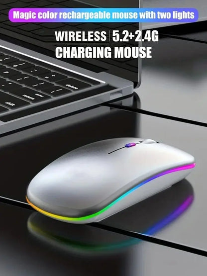 Wireless Mouse Bluetooth and 2.4GHz Dual Modes Rechargeable RGB Ergonomic Silent Click for PC iPad Laptop Cell Phone TV