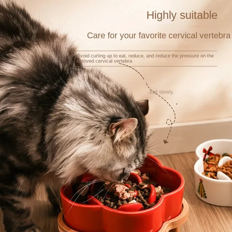 Ceramic Slow Food Bowl Anti-choking Cat Feeding Basin To Prevent Black Chin Small Dog Cat Neck Guard Wooden Frame Slow Food Bowl