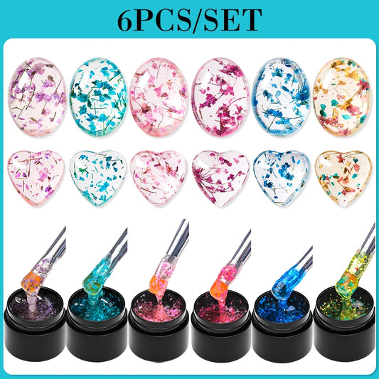 MEET ACROSS 6Pcs//Set Dried Flower Gel Nail Polish Natural Flower Fairy Gel Nail Art Painting Varnishes Summer Varnish For Nail