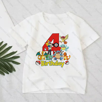 Pokémon Anime Printed T-Shirt Boys Girls Birthday Number 1-10 Clothes Fashion Figure Short-sleeved Kids Summer Birthday Gift