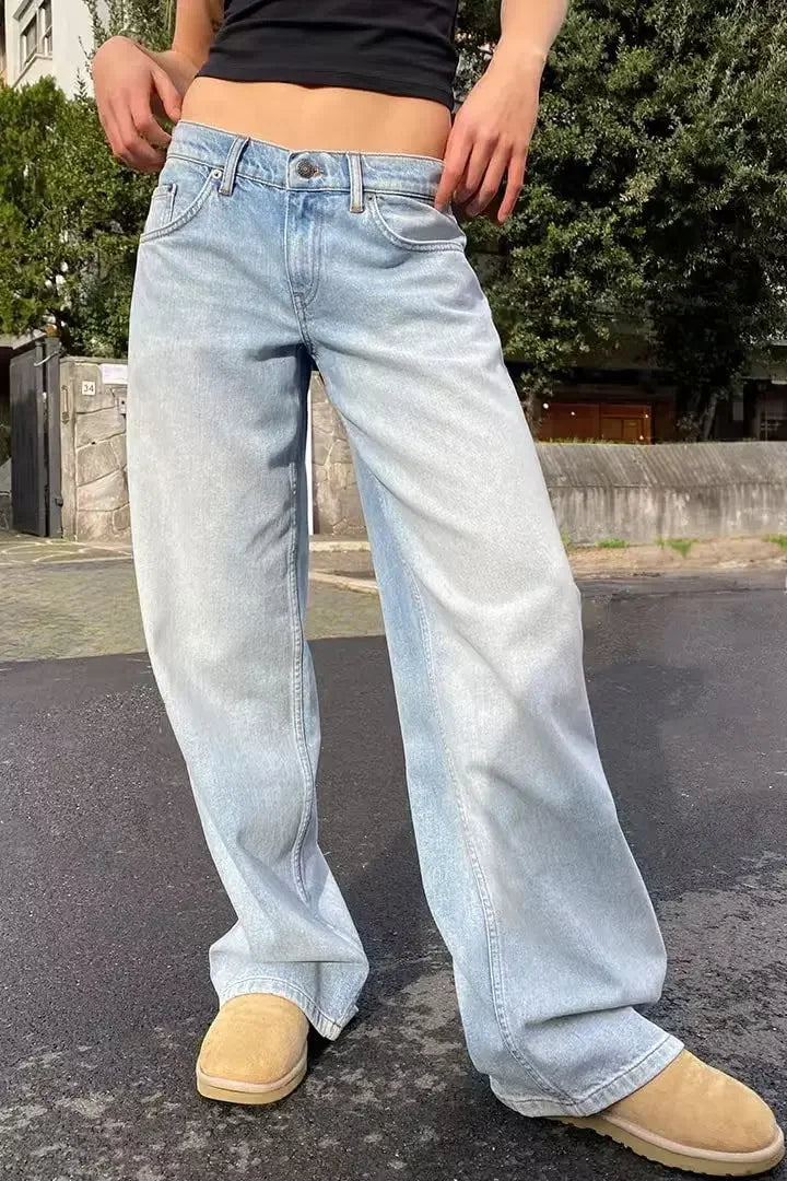 Vintage Distressed Straight-Leg High-Waisted Washing Jeans Loose-Fit Draped Versatile European And American Style Denim Pants