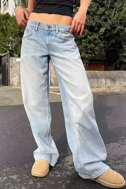 Vintage Distressed Straight-Leg High-Waisted Washing Jeans Loose-Fit Draped Versatile European And American Style Denim Pants