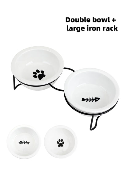 1 Set Elevated Ceramic Cat Bowls 1 Set Non-Slip Ceramic Cat Food And Water Bowls With Iron Bracket, Elevated Tilted Cat Feeder