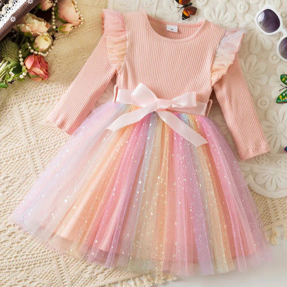 My Little Ponys Colorful Princess Dress for Kids Girls Casual Long Sleeve Sequin Mesh Dresses Party Gift 1-5Y