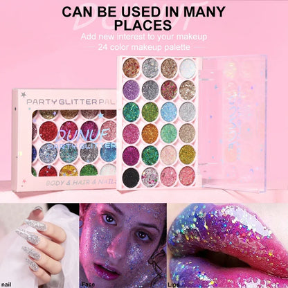 24Colors Body Face Glitter Gel Palette Waterproof Eye Hair Loose Sequins Eyeshadow Multifunctional Party Deco Makeup Cosmetics