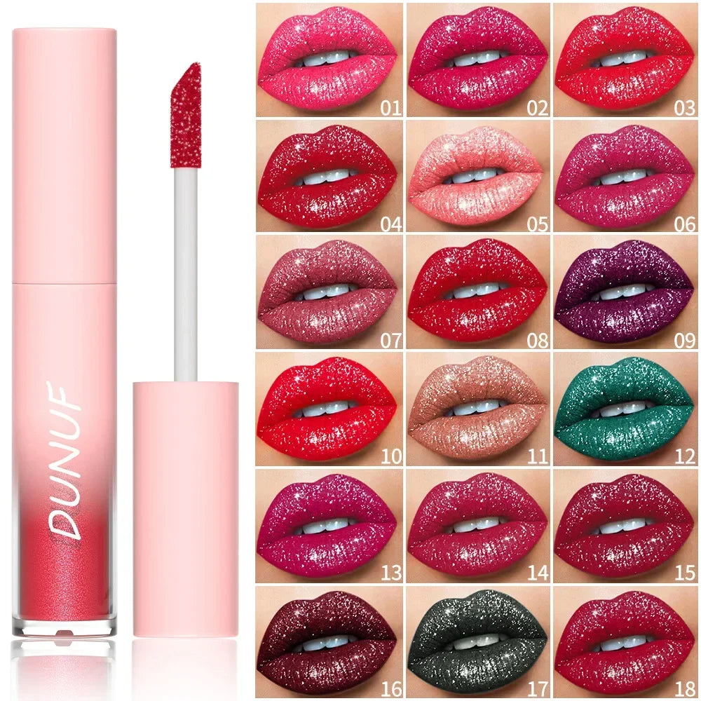 18 Color Sexy Red Diamond Glitter Lip Gloss Metallic Waterproof Long Lasting Matte Shimmer Liquid Lipstick Women Makeup Cosmetic