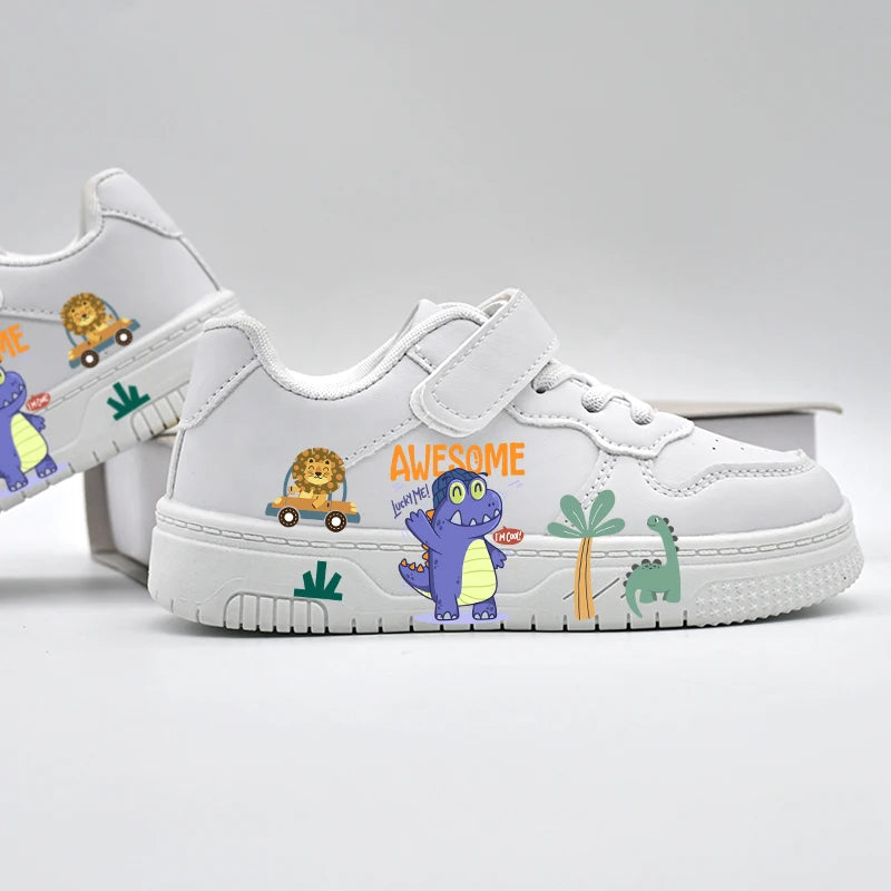 Kids' "Awesome Dino" White Sneakers: Lightweight Breathable Sport Shoes with Hook & Loop