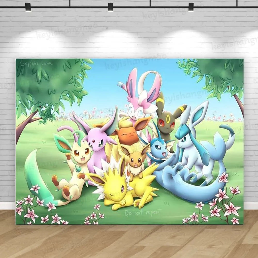 Eevee Family Pokemon Backdrop Cute Girl Princess Birthday Party Background Photography Bedroom Wall Hanging Photo Banner Decor