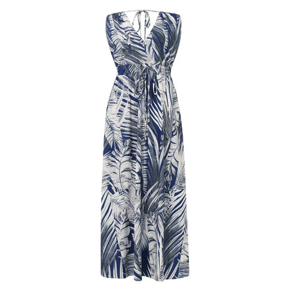 Summer Women Chiffon Floral Long Dress French Style Short Sleeve Elastic A-line Dresses Summer Bohemian Print Beach Dress