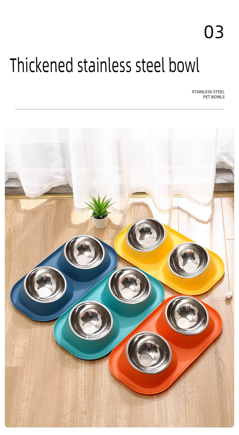 1pc Stainless Steel Double Cat Dog Bowl Cat Food Container Non-slip Base Pet Water Feeder Tilt Safeguard Neck Puppy Cats Bowls
