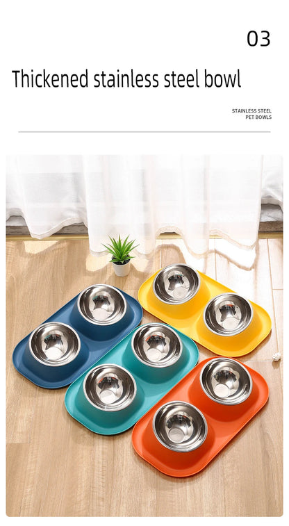 1pc Stainless Steel Double Cat Dog Bowl Cat Food Container Non-slip Base Pet Water Feeder Tilt Safeguard Neck Puppy Cats Bowls