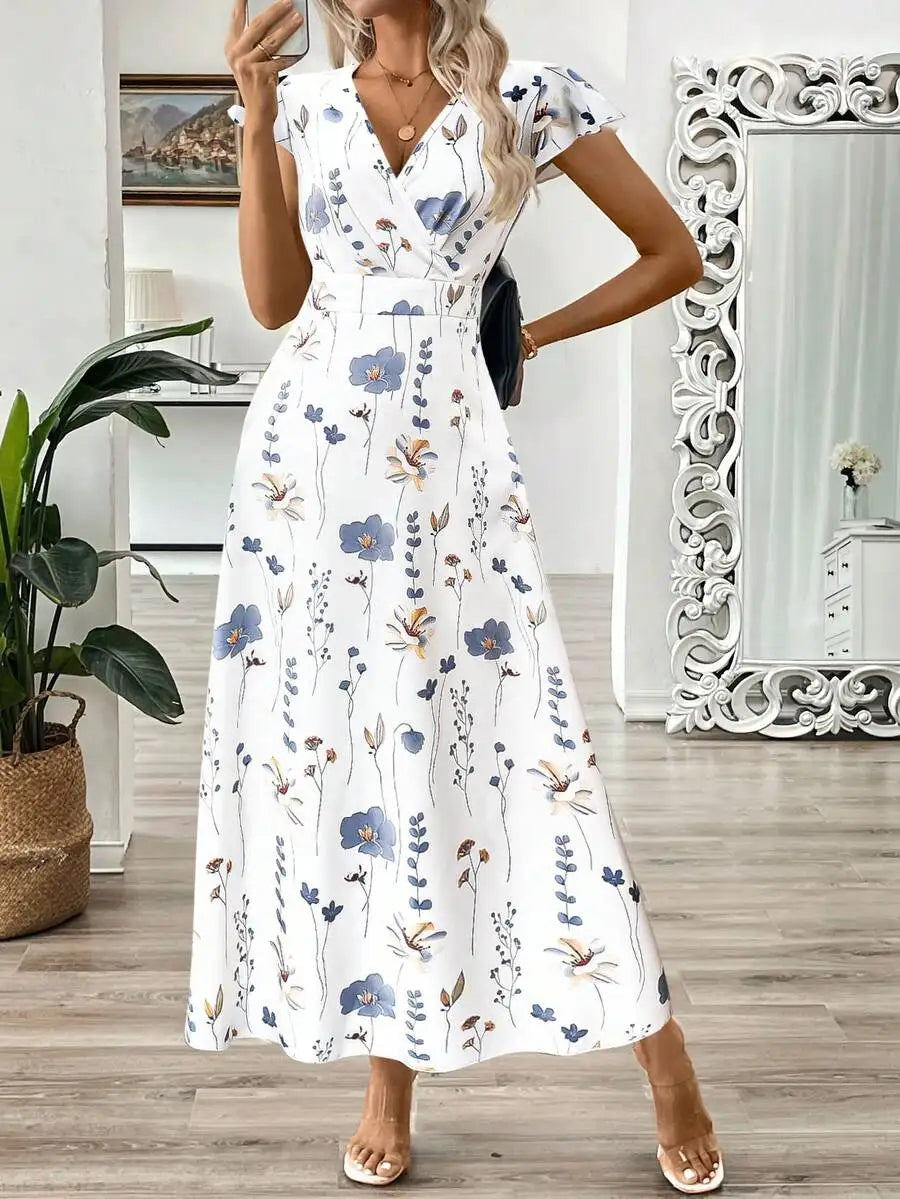 Women's V-Neck Leaf Floral Print Long Dress, A-Line Waist Cinched Dress For Summer Women Summer Clothing