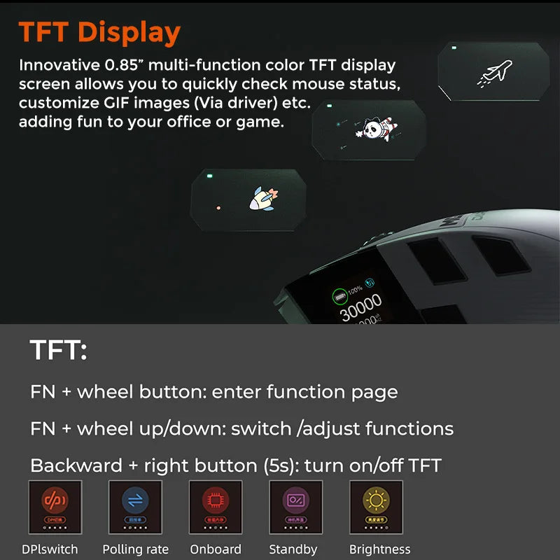 Dareu A980ProMax 8Khz Wireless Wired Mouse Tri-Mode AIM-750 30000 DPI Rechargeable TFT Display for PC Laptop Gamer