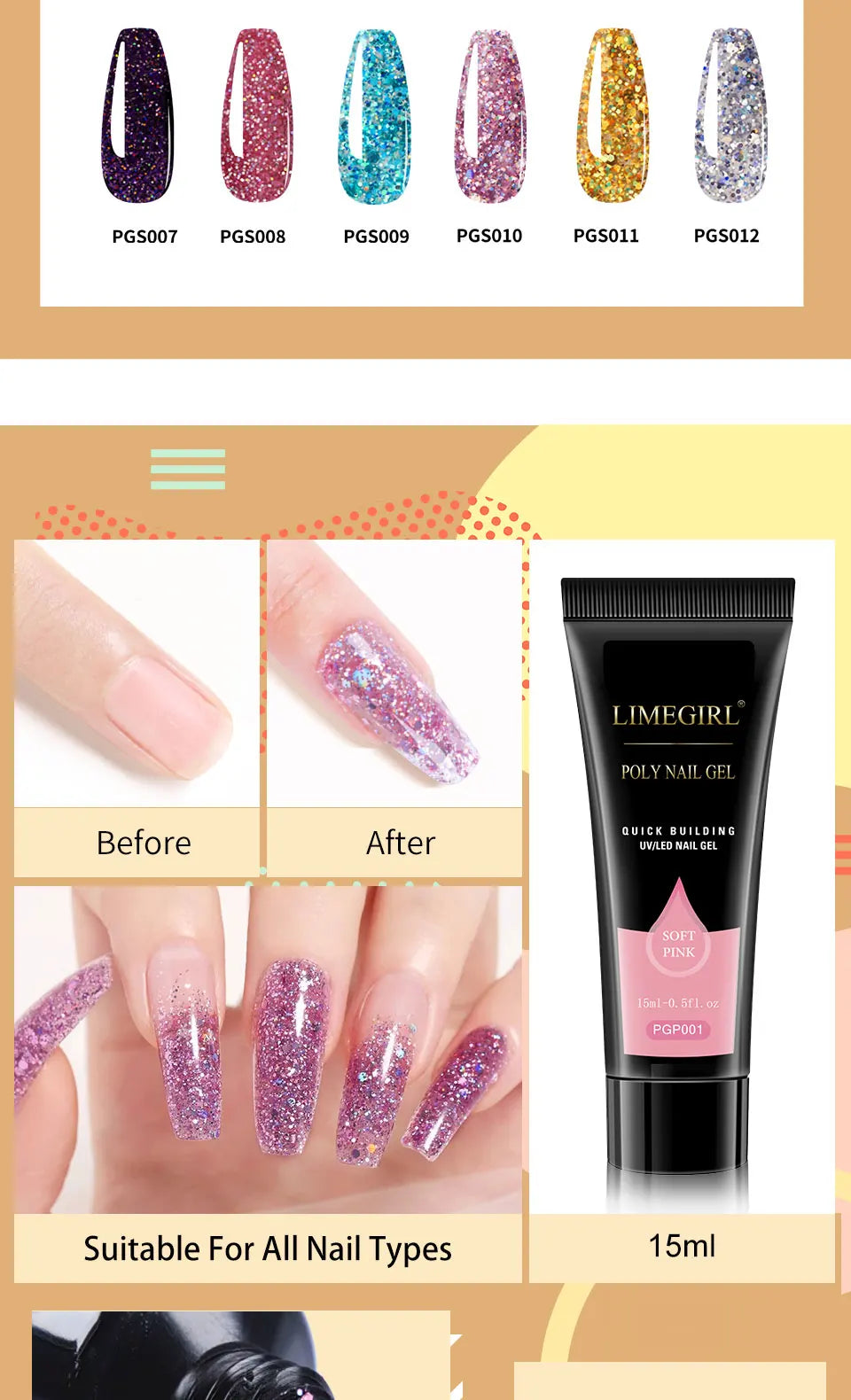 LIMEGIRL Acrylic Manicure Kit UV LED Light Semi-Permanent Gel Varnish Kit Gel Extension Nail Kit Dryer Soak Manicure Tool Kit