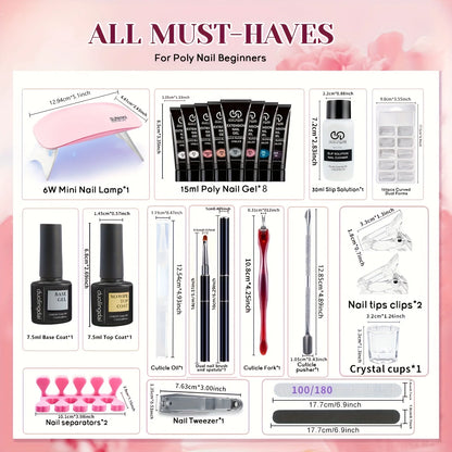Poly Gel Nail Kit 8 Colors with Nail Lamp Extension Gel Kit Nude Clear Pink Black Glitter Complete Starter Tools for Beginner