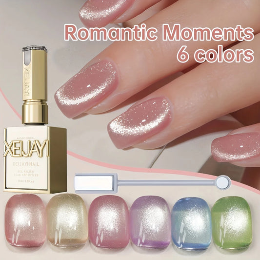 XEIJAYI 6-Color Magnetic Cat-Eye Gel Polish Set with Dual-Head Magnet Tool – Create Shimmering Nail Art with Ease