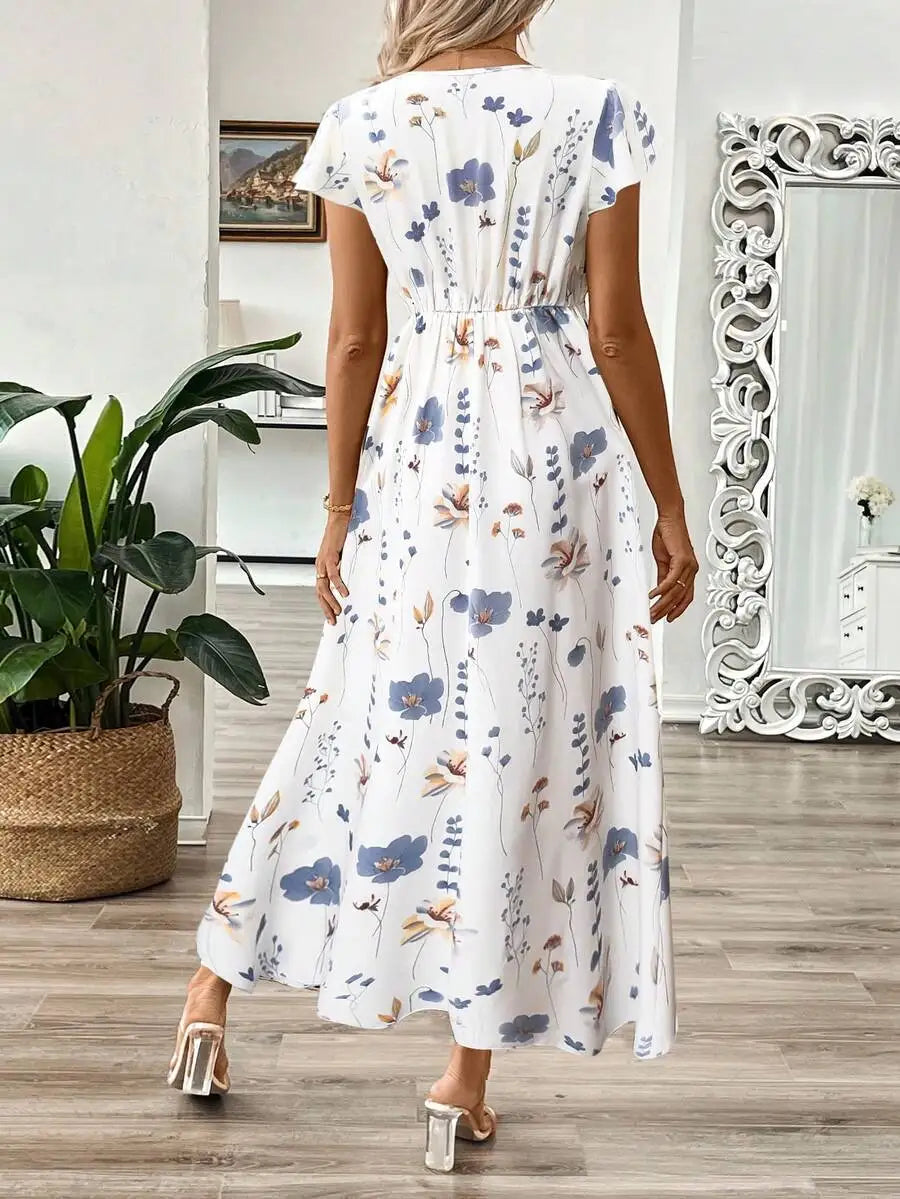 Women's V-Neck Leaf Floral Print Long Dress, A-Line Waist Cinched Dress For Summer Women Summer Clothing