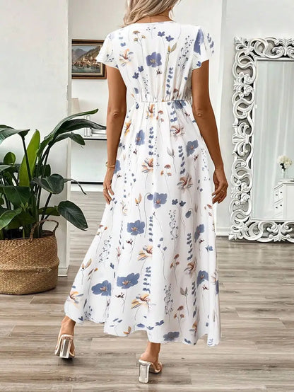 Women's V-Neck Leaf Floral Print Long Dress, A-Line Waist Cinched Dress For Summer Women Summer Clothing